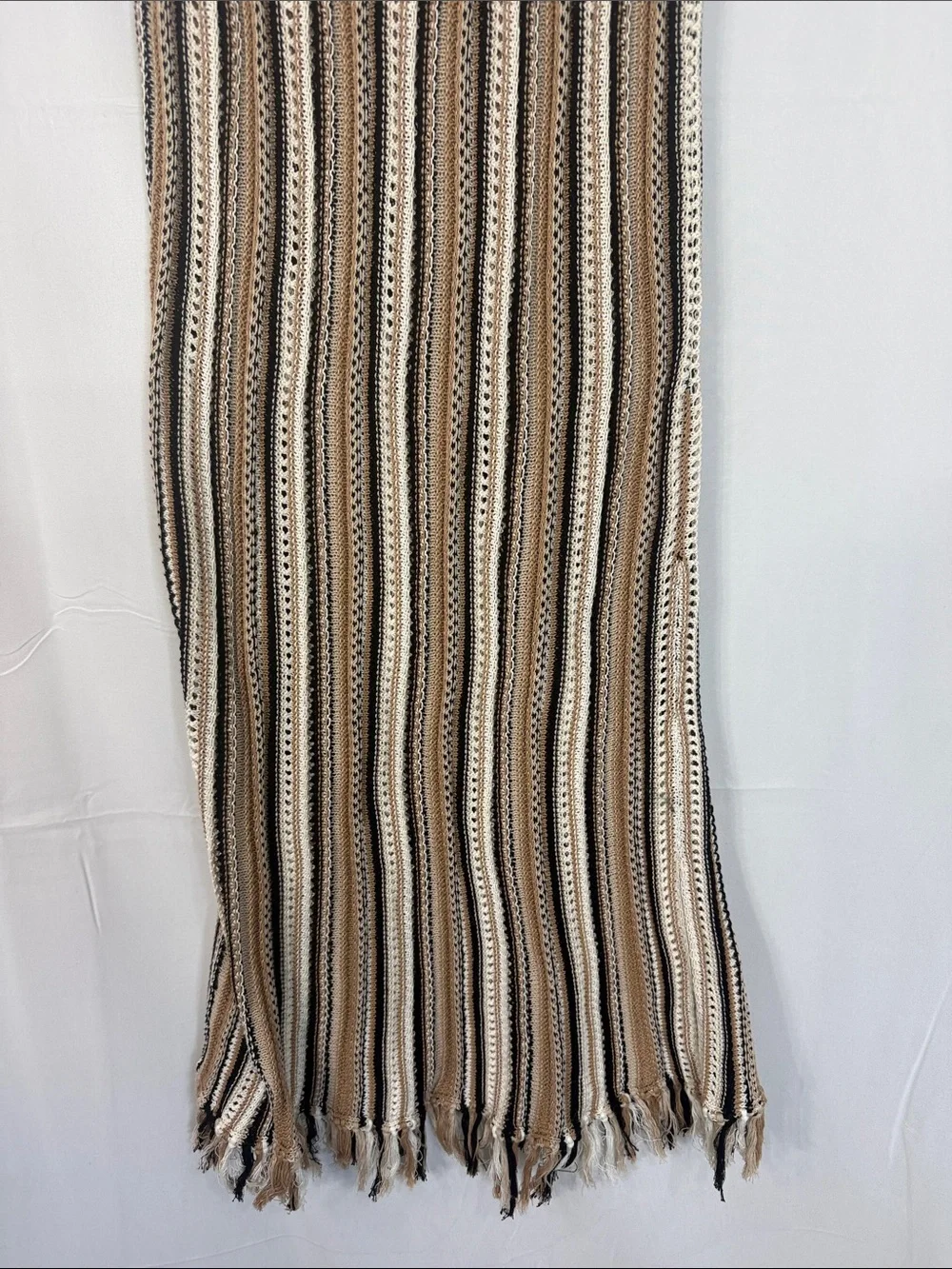 White + Warren Mercerized cotton fringe crochet dress Beige/Brown Black Size L